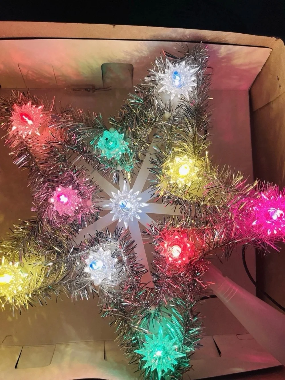 Vintage Liberty Bell Christmas Silver Tinsel Mini Star Tree Topper 11 Light